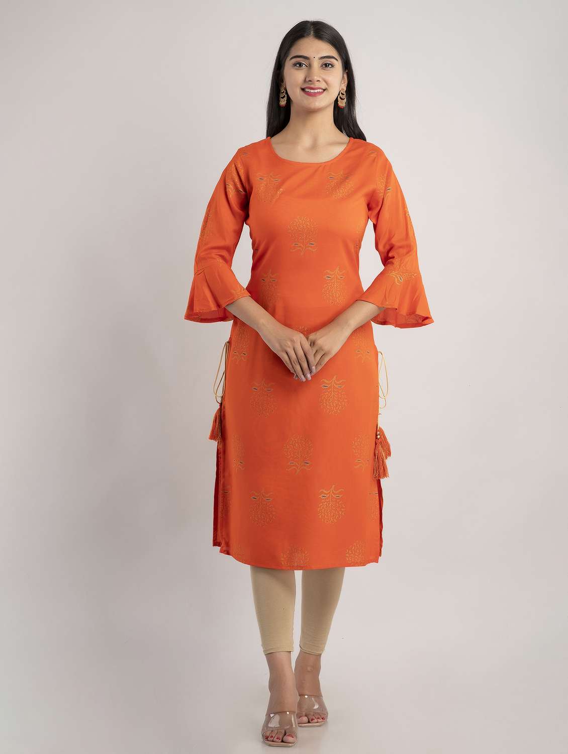orange bell sleeve straight kurta