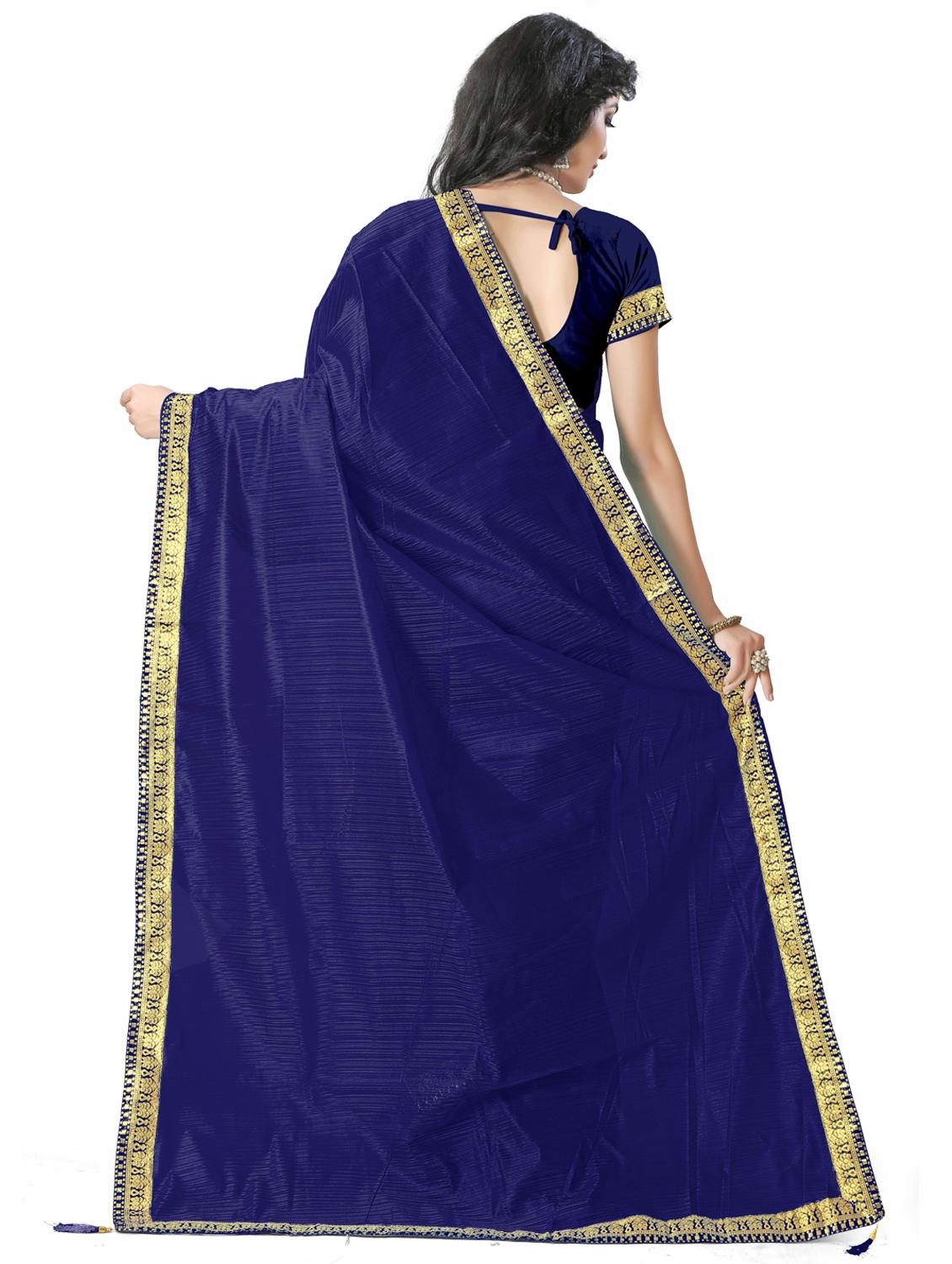 dark blue solid with bordered saree with blouse - 20209865 - Standard Image - 2