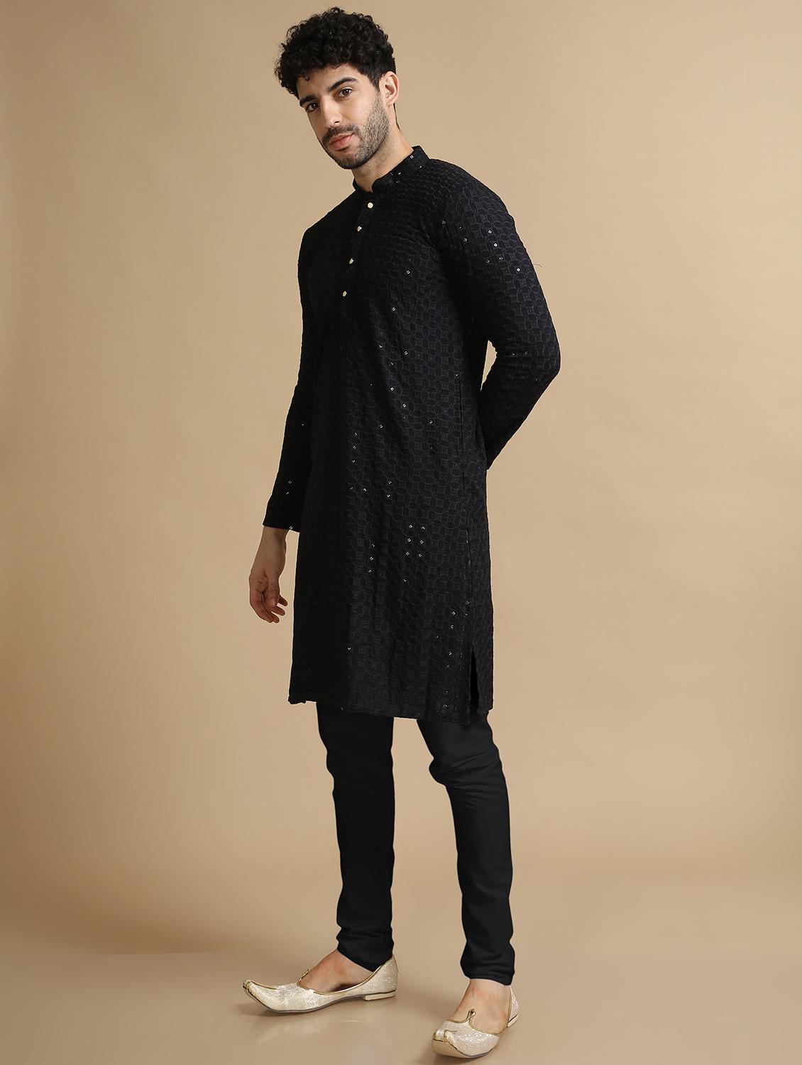 black rayon kurta pyjama ethnic wear set - 20211270 - Standard Image - 2