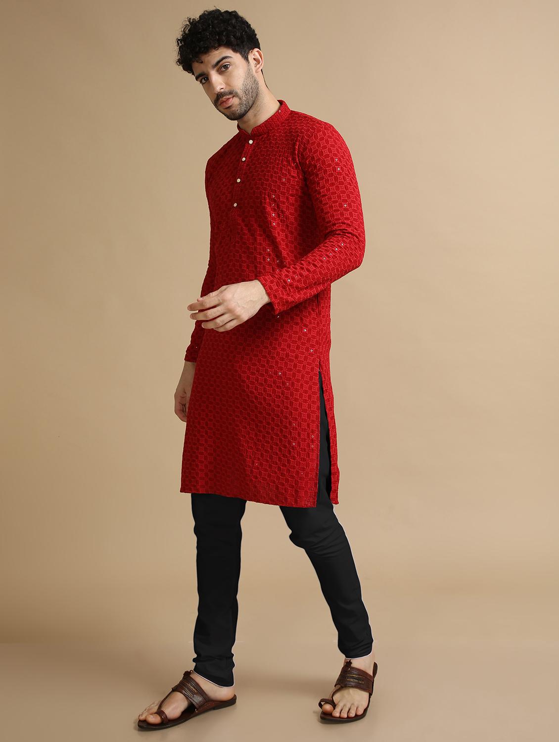 red rayon kurta pyjama ethnic wear set - 20211273 - Standard Image - 2