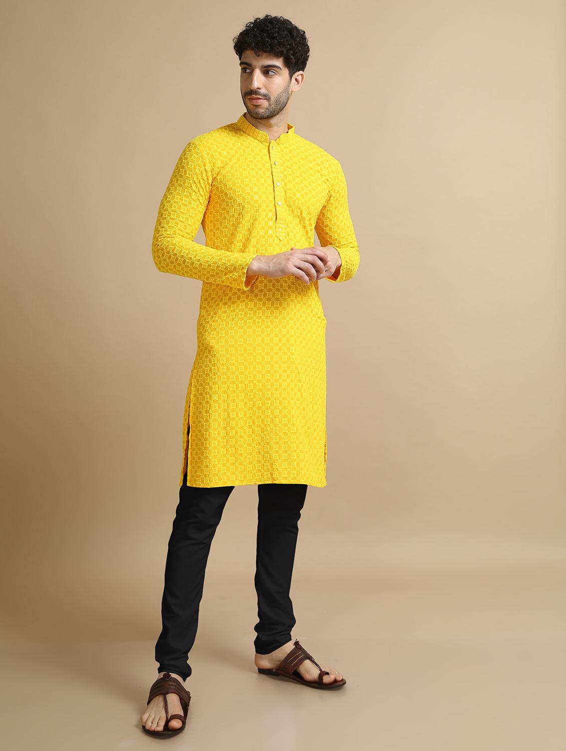yellow rayon kurta pyjama ethnic wear set - 20211274 - Standard Image - 2