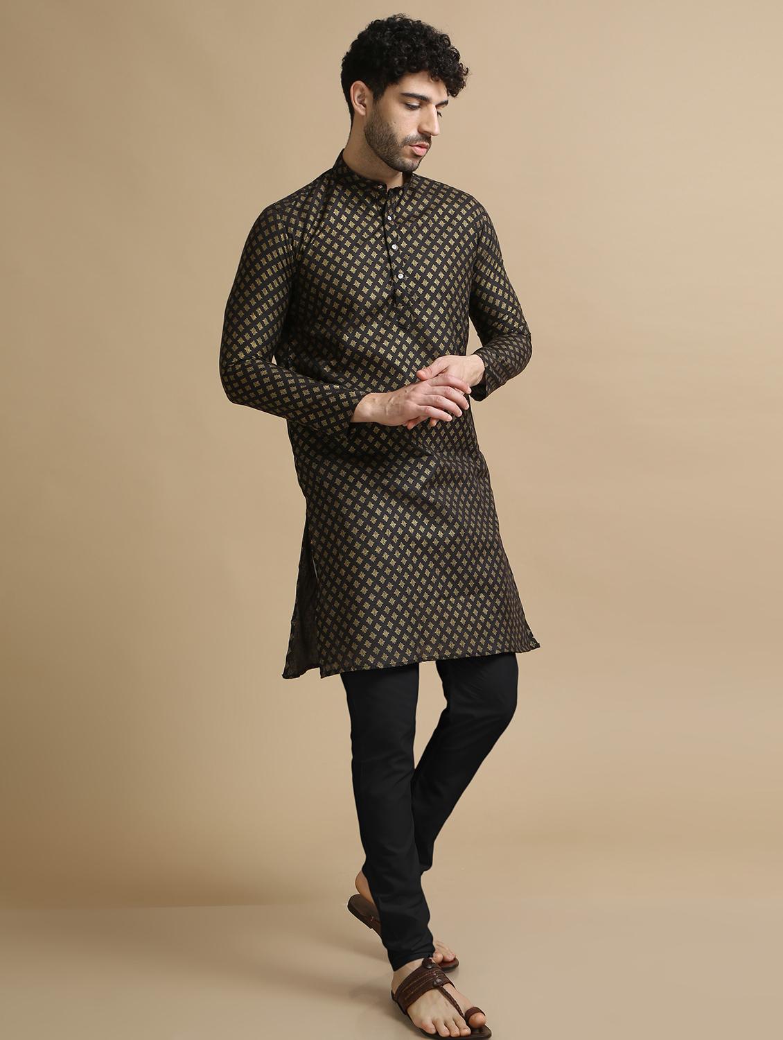 black cotton kurta pyjama ethnic wear set - 20211275 - Standard Image - 2
