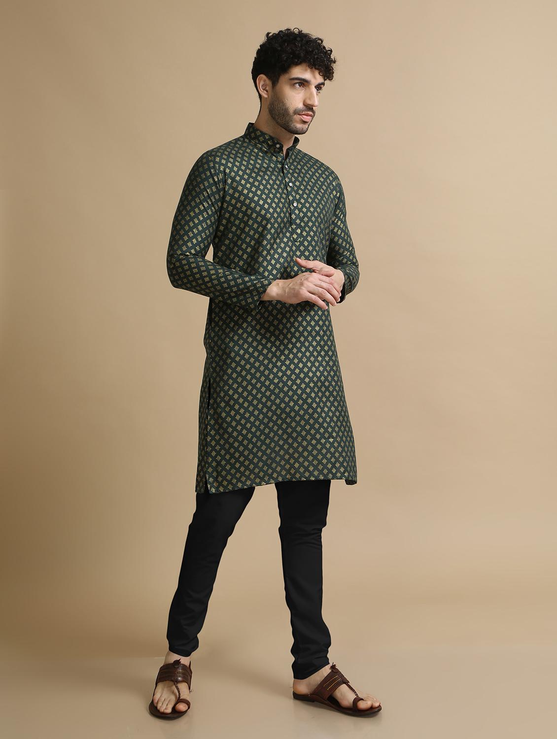 green cotton kurta pyjama ethnic wear set - 20211278 - Standard Image - 2