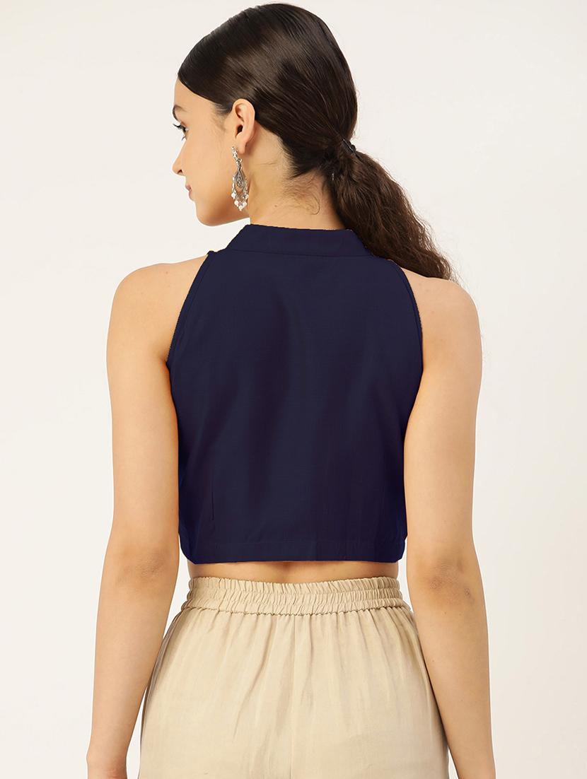 women navy blue mandarin neck blouse - 20212976 - Standard Image - 7