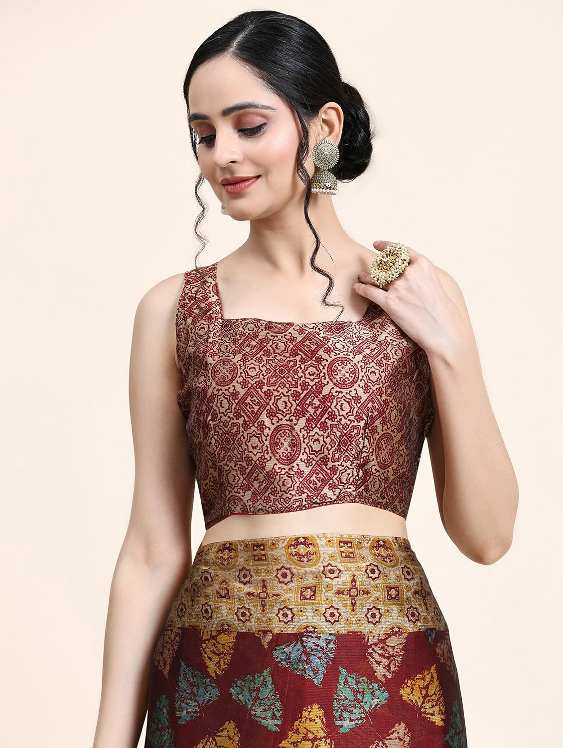 women's printed maroon colored saree with blouse - 20214389 - Standard Image - 2