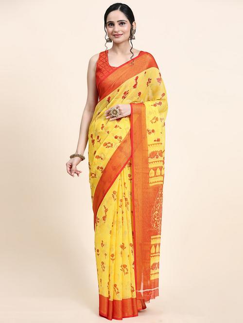 women's floral yellow colored saree with blouse - 20214466 -  Standard Image - 0