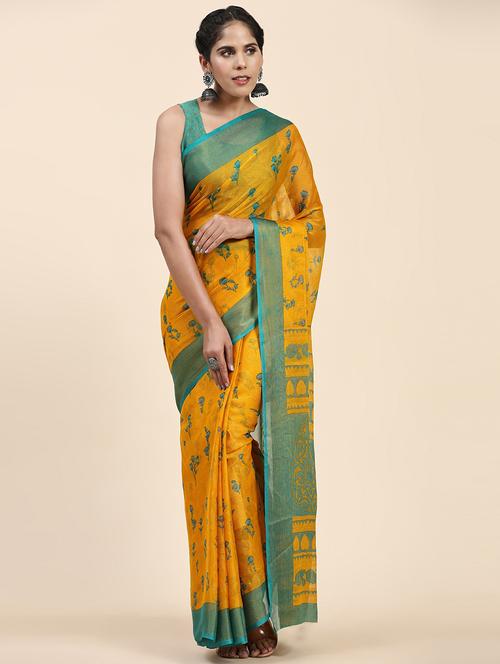 women's floral mustard colored saree with blouse - 20214481 -  Standard Image - 0