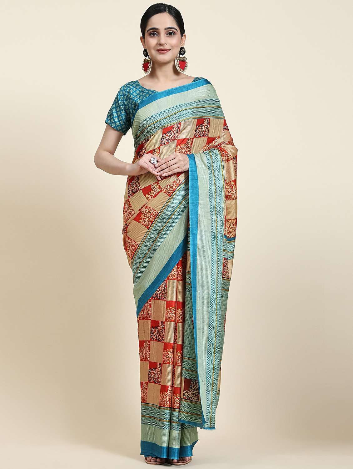 women's checks multi colored saree with blouse - 20214485 -  Zoom Image - 0