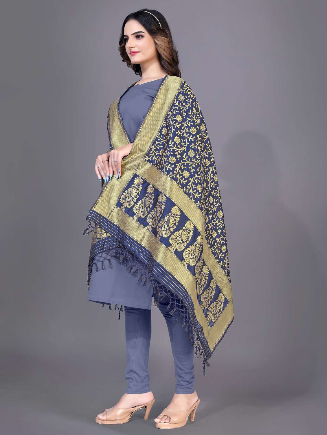 floral zari woven dupatta - 20214502 -  Standard Image - 2