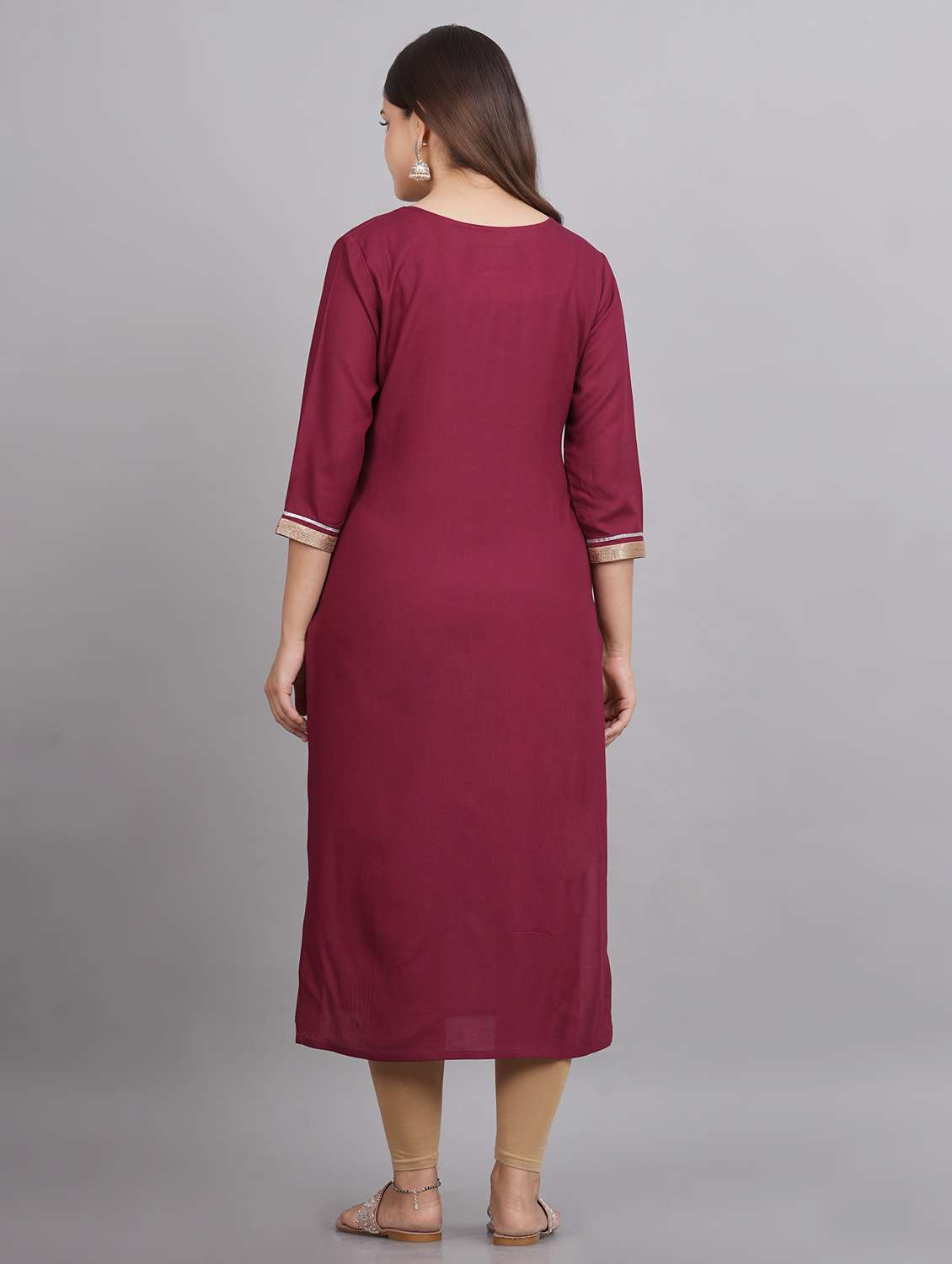 maroon sequin work round neck straight kurta - 20215072 -  Standard Image - 2