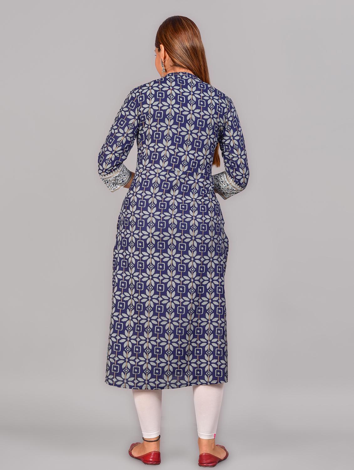 women navy blue mandarin neck straight kurta - 20215082 - Standard Image - 2