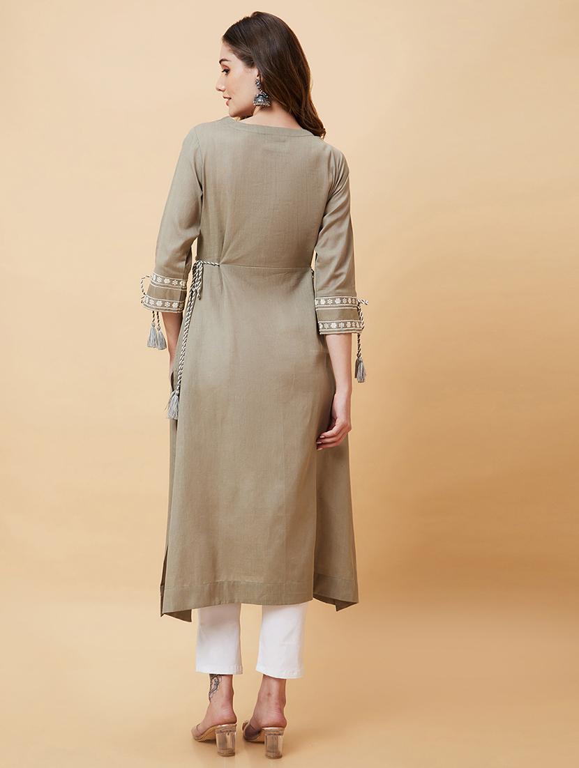 olive embroidered a-line kurta - 20221132 - Standard Image - 2