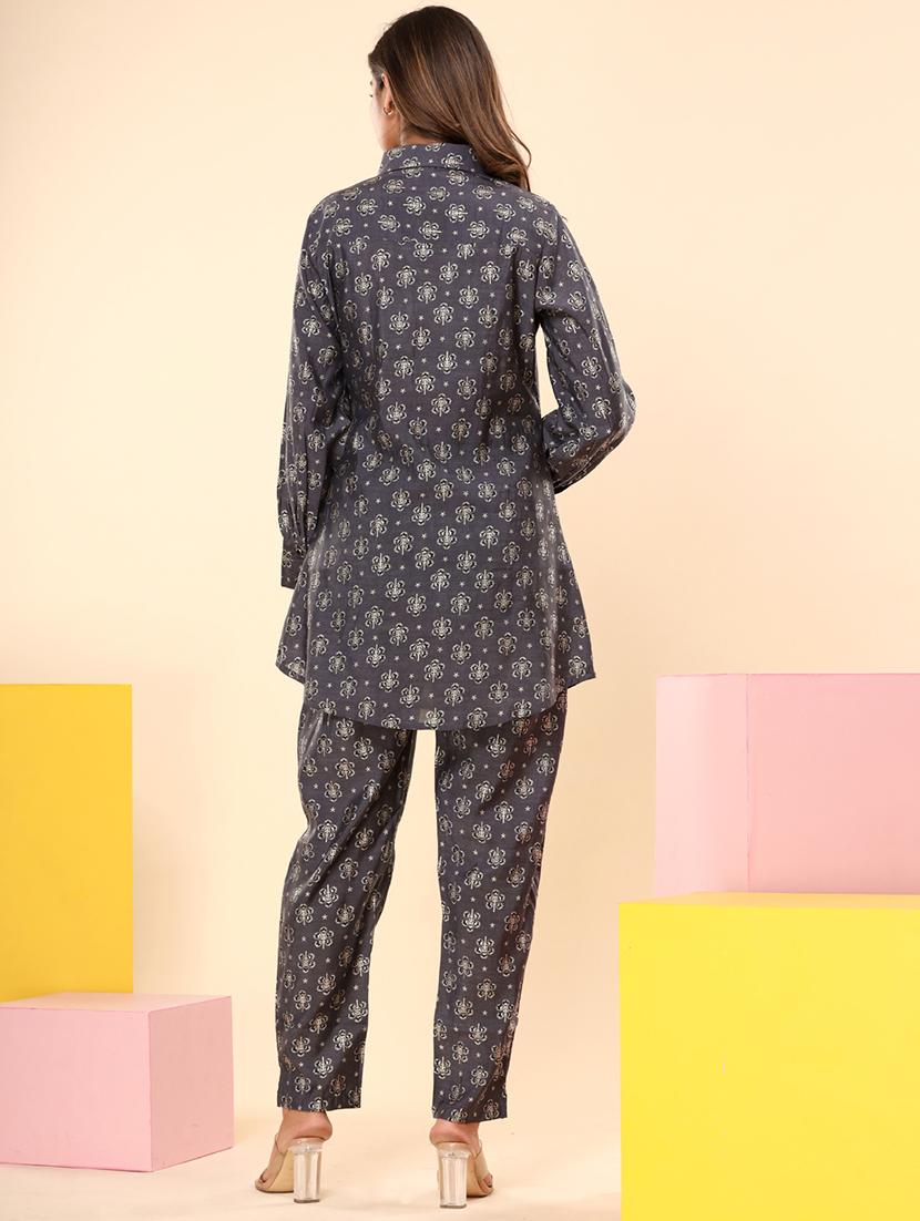 grey floral printed shirt collar co-ord sets - 20223094 - Standard Image - 2
