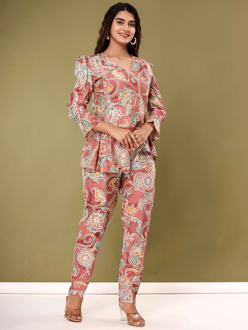 pink floral printed v-neck co-ord sets