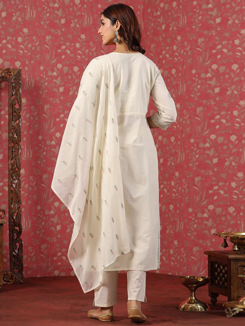 off-white round neck kurta pant set with dupatta - 20223765 -  Standard Image - 2
