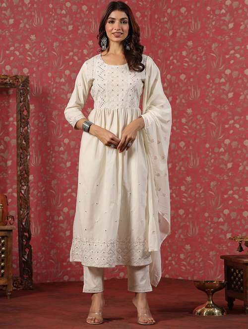 cream solid round neck kurta pant set with dupatta - 20223807 -  Standard Image - 0