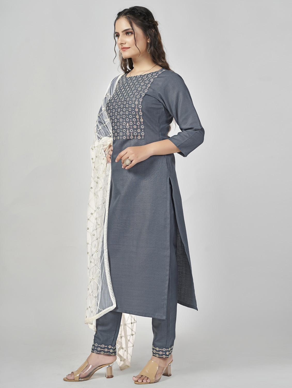 women grey round neck kurta pant set with dupatta - 20223896 - Standard Image - 2