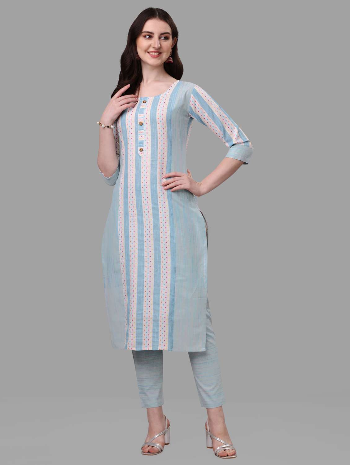 women purist blue round neck kurta pant set - 20223933 - Standard Image - 2