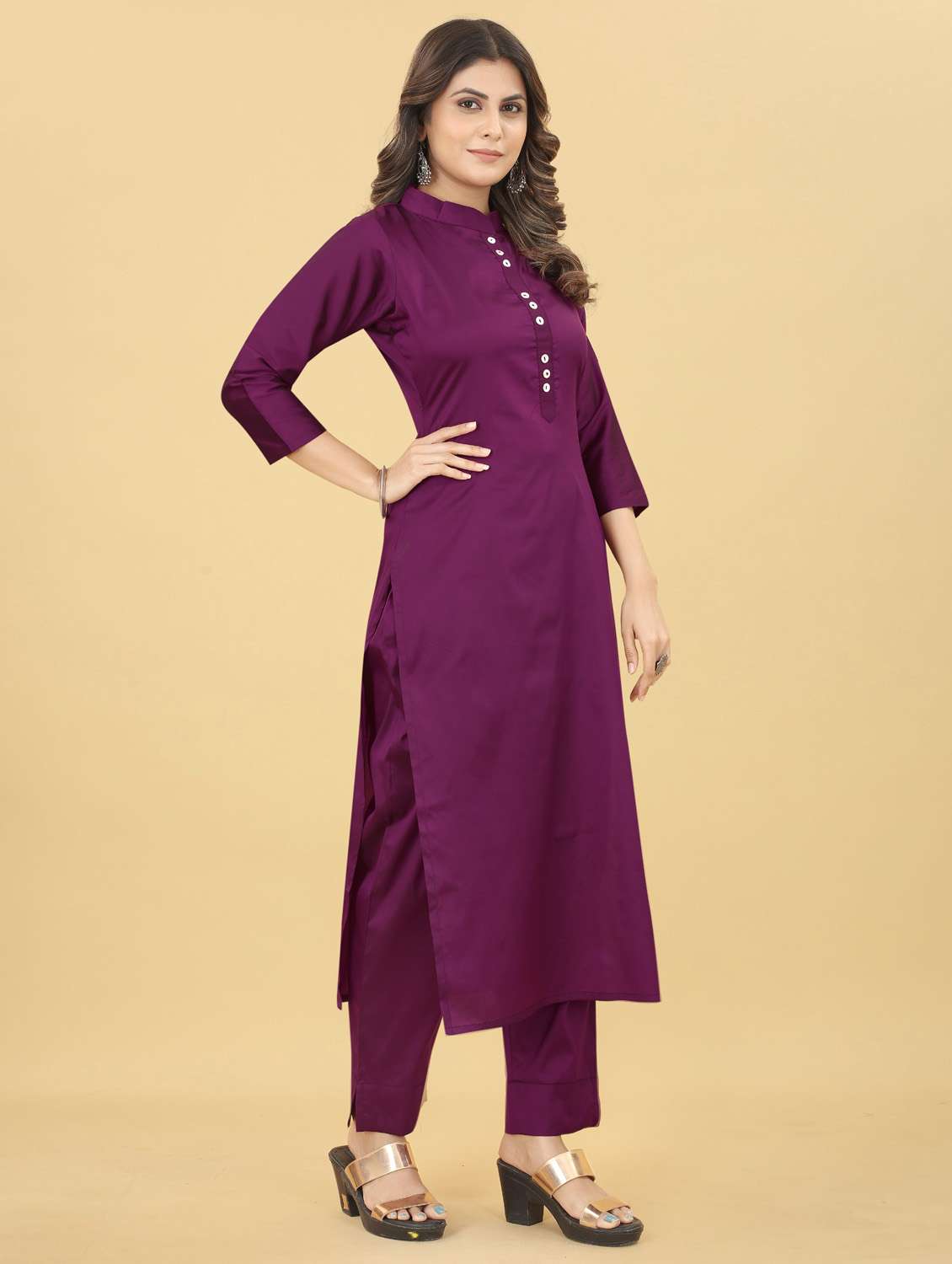women purple solid mandarin neck kurta pant set - 20224233 - Standard Image - 2