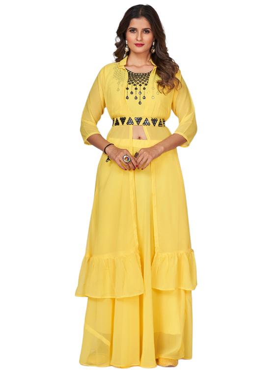 yellow mirror work top skirt & shrug fusion set - 20224325 - Standard Image - 2