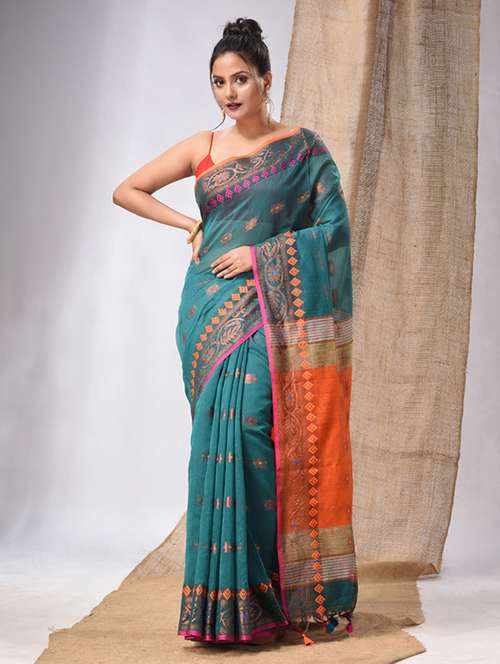 women's self design teal colored saree with blouse - 20225355 - Standard Image - 0