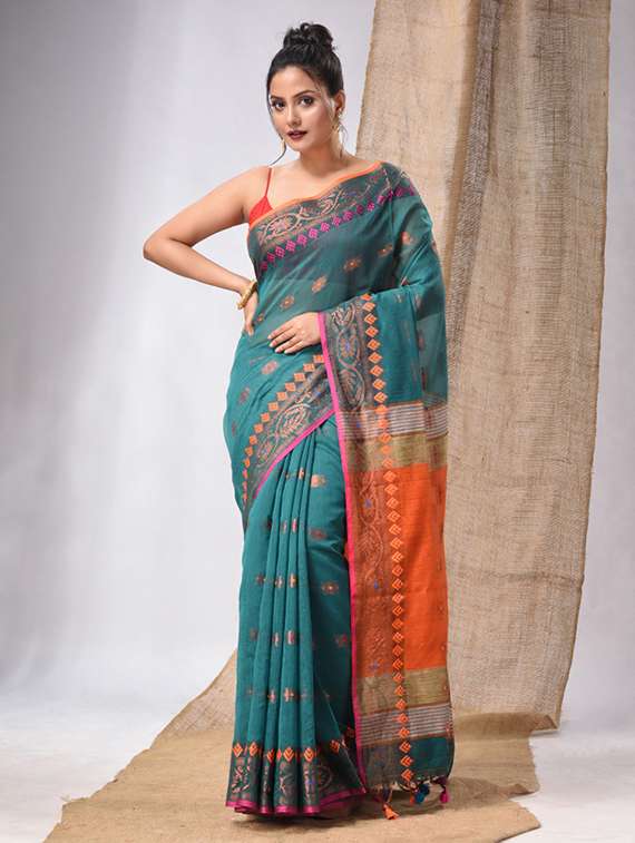 women's self design teal colored saree with blouse - 20225355 - Zoom Image - 0