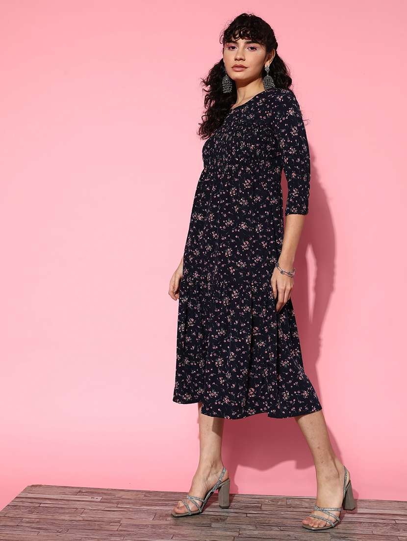 black florals printed round neck a-line dress - 20225506 -  Standard Image - 2