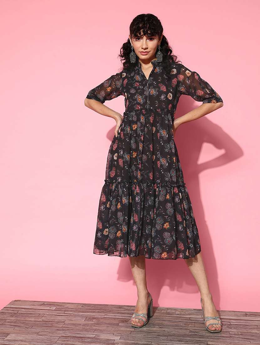 brown florals printed a-line dress