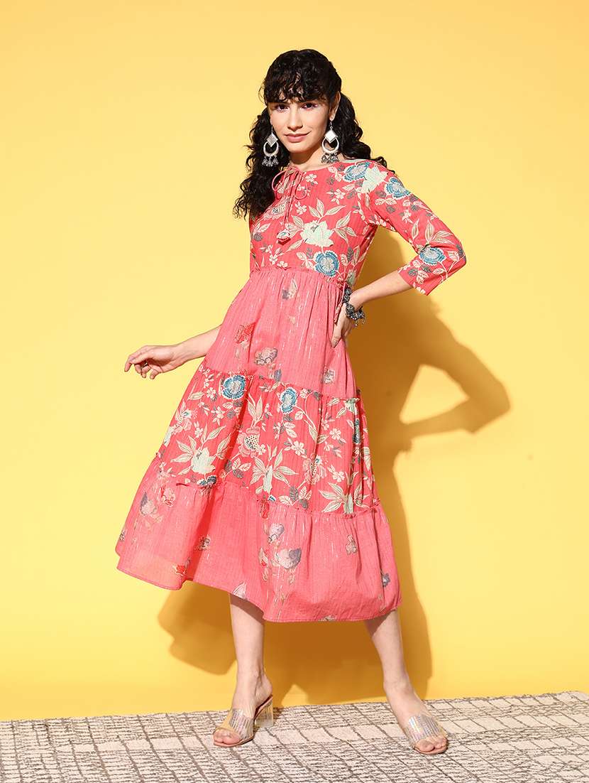 pink florals printed tiered dress