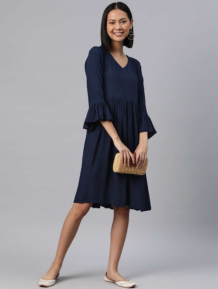 women navy blue solids v- neck flared dress - 20225513 -  Standard Image - 2