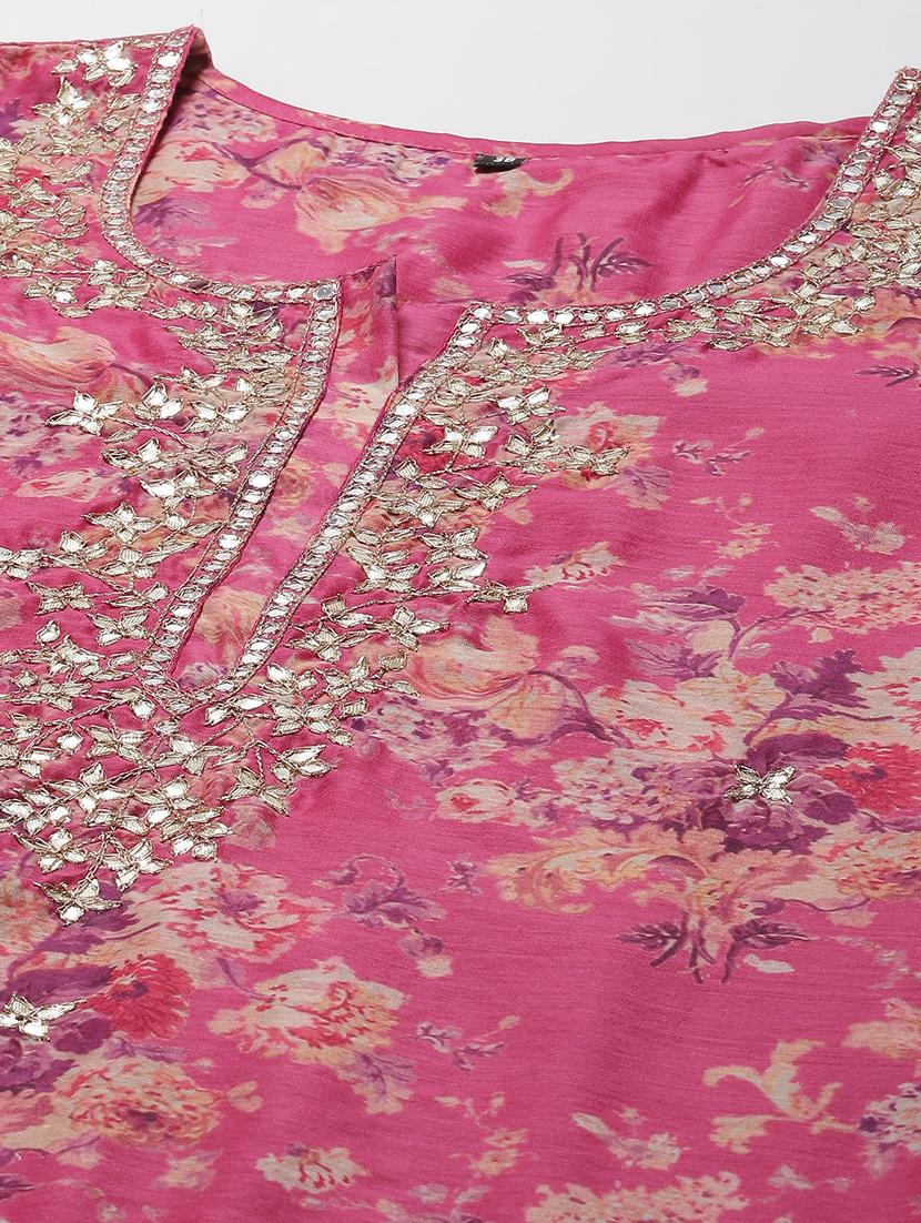magenta chanderi kurta pant set - 20225592 - Standard Image - 7