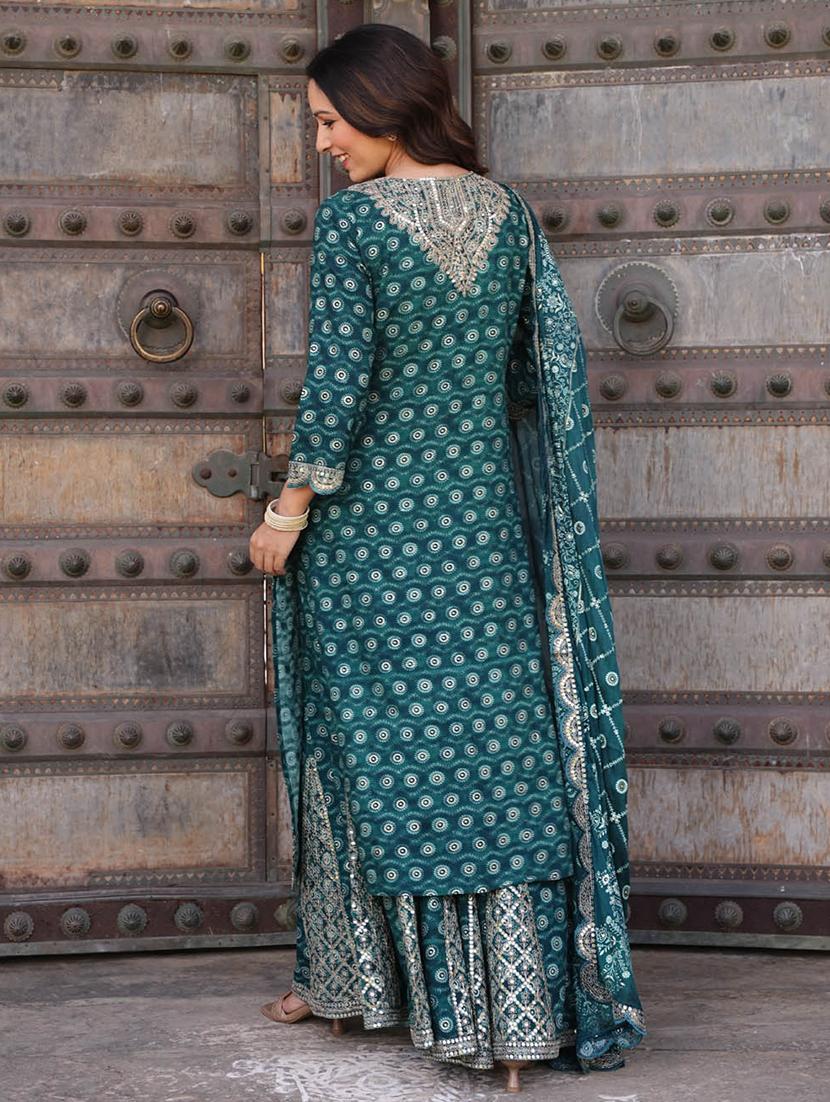 green round neck kurta dupatta set - 20225723 - Standard Image - 2