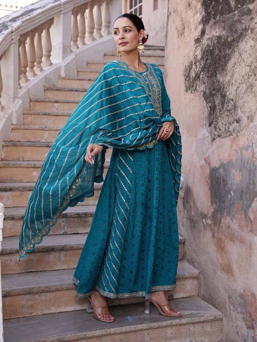 teal colored kurta dupatta set - 20225725 - Standard Image - 2