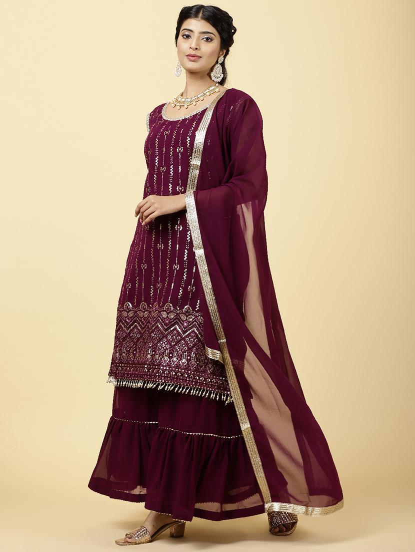 burgundy colored kurta sharara set - 20225745 - Standard Image - 2