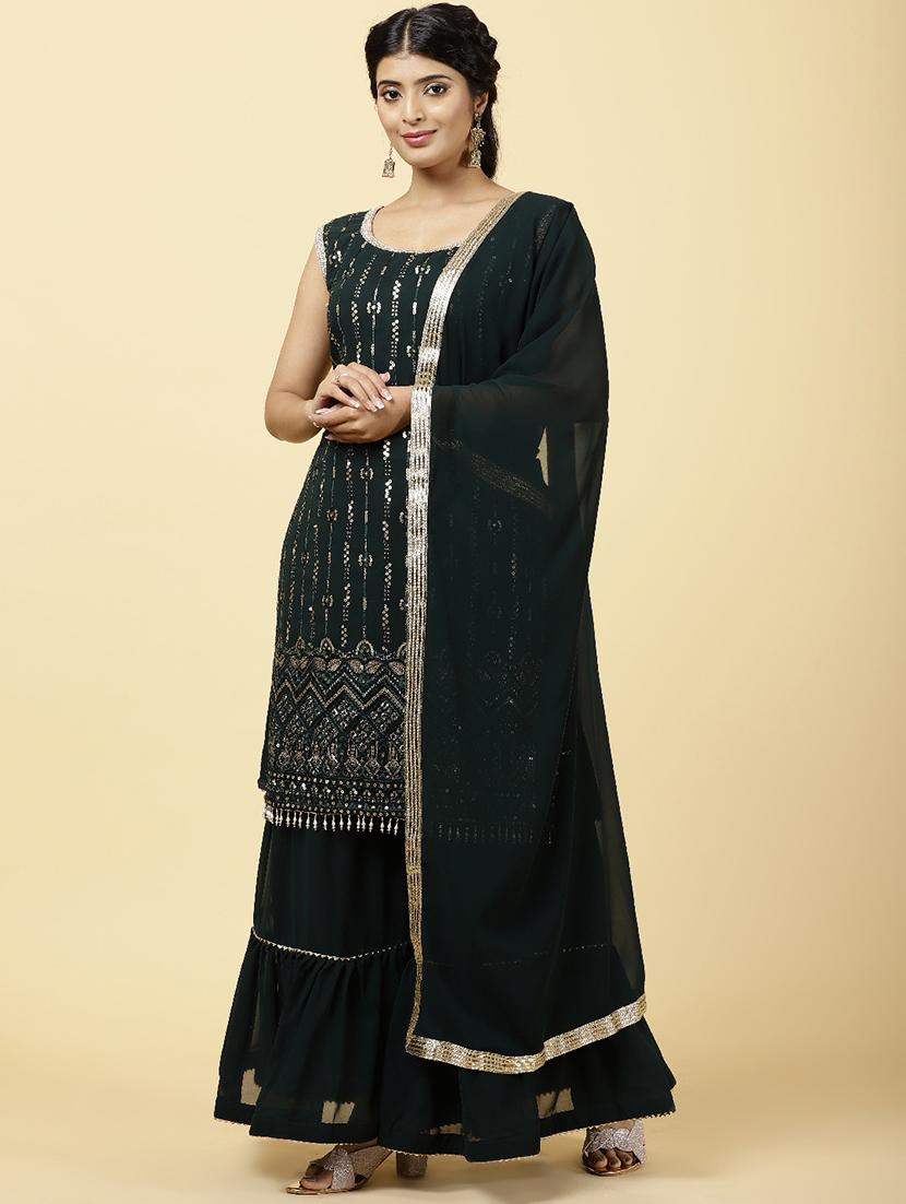 bottle green colored kurta sharara set - 20225746 - Standard Image - 2