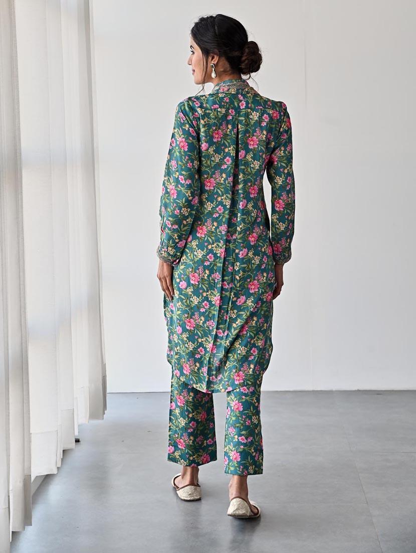 teal colored kurta pant set - 20225840 - Standard Image - 2