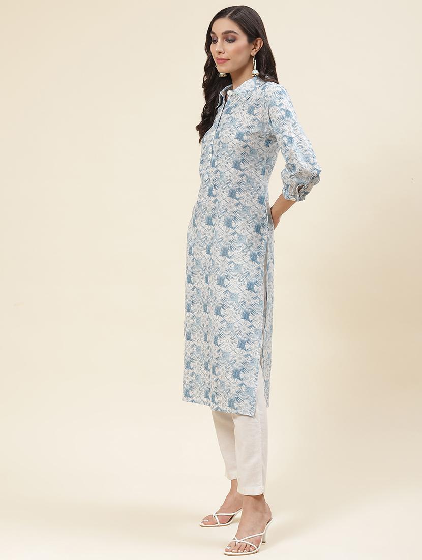 blue linen straight kurta - 20225912 - Standard Image - 2