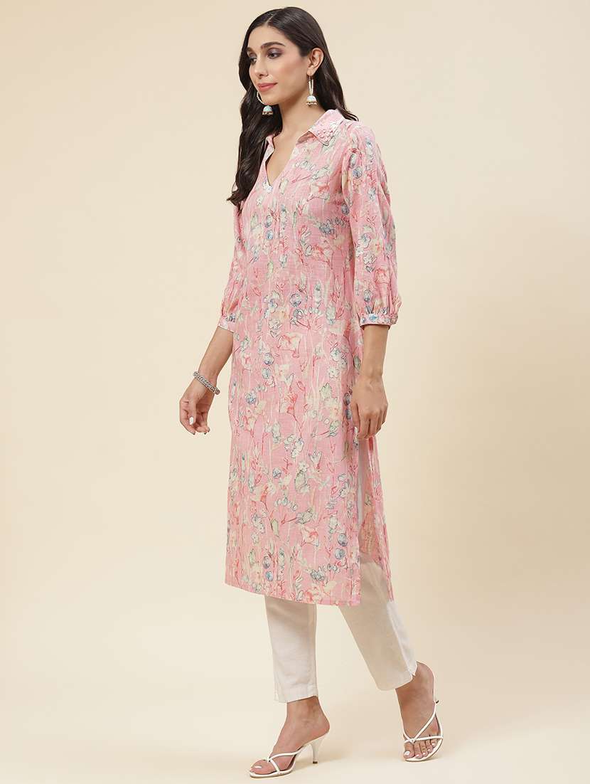 pink linen straight kurta - 20225916 - Standard Image - 2
