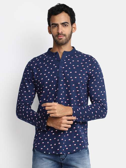 blue printed henley neck t-shirt - 20228650 - Standard Image - 0