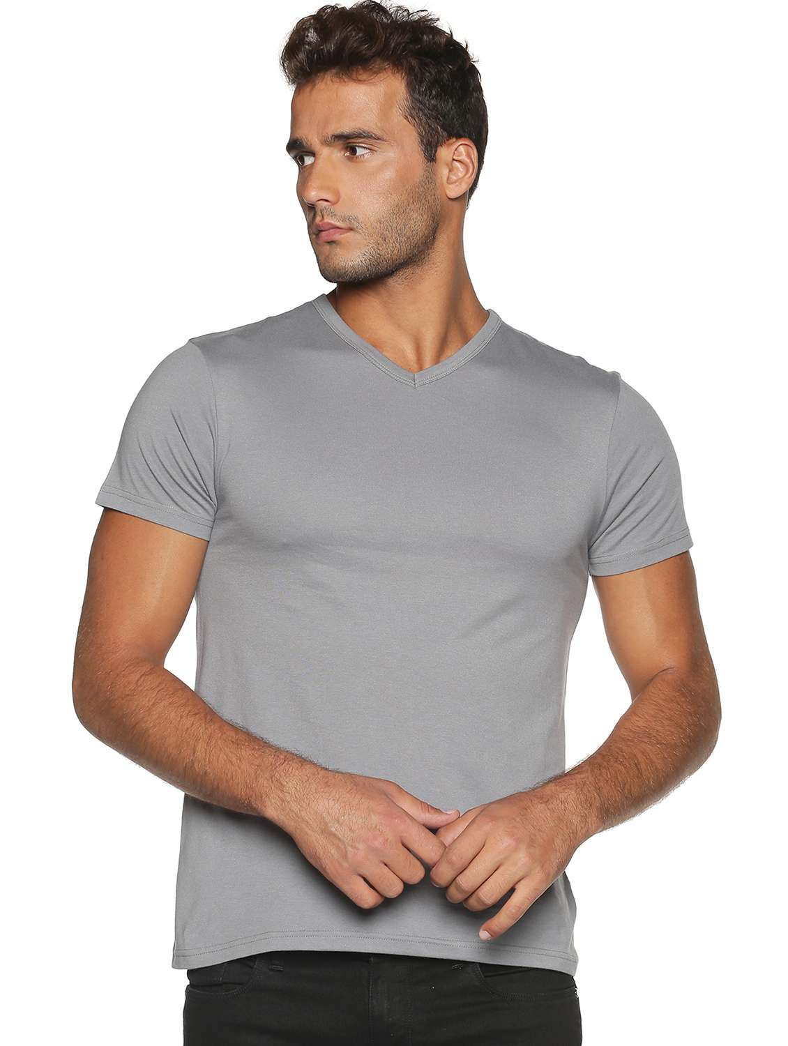 men v-neck solid regular t-shirt