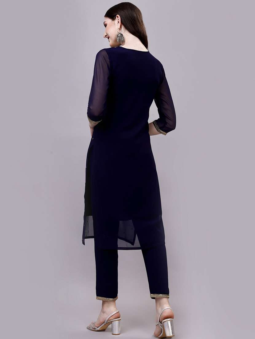 women blue v-neck kurta pant set - 20239149 -  Standard Image - 2