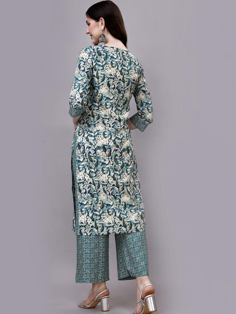 blue cotton blend kurta palazzo set - 20239162 - Standard Image - 2