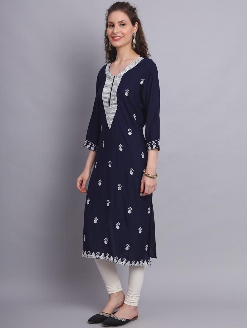 women navy blue chikankari work straight kurta - 20239513 - Standard Image - 2