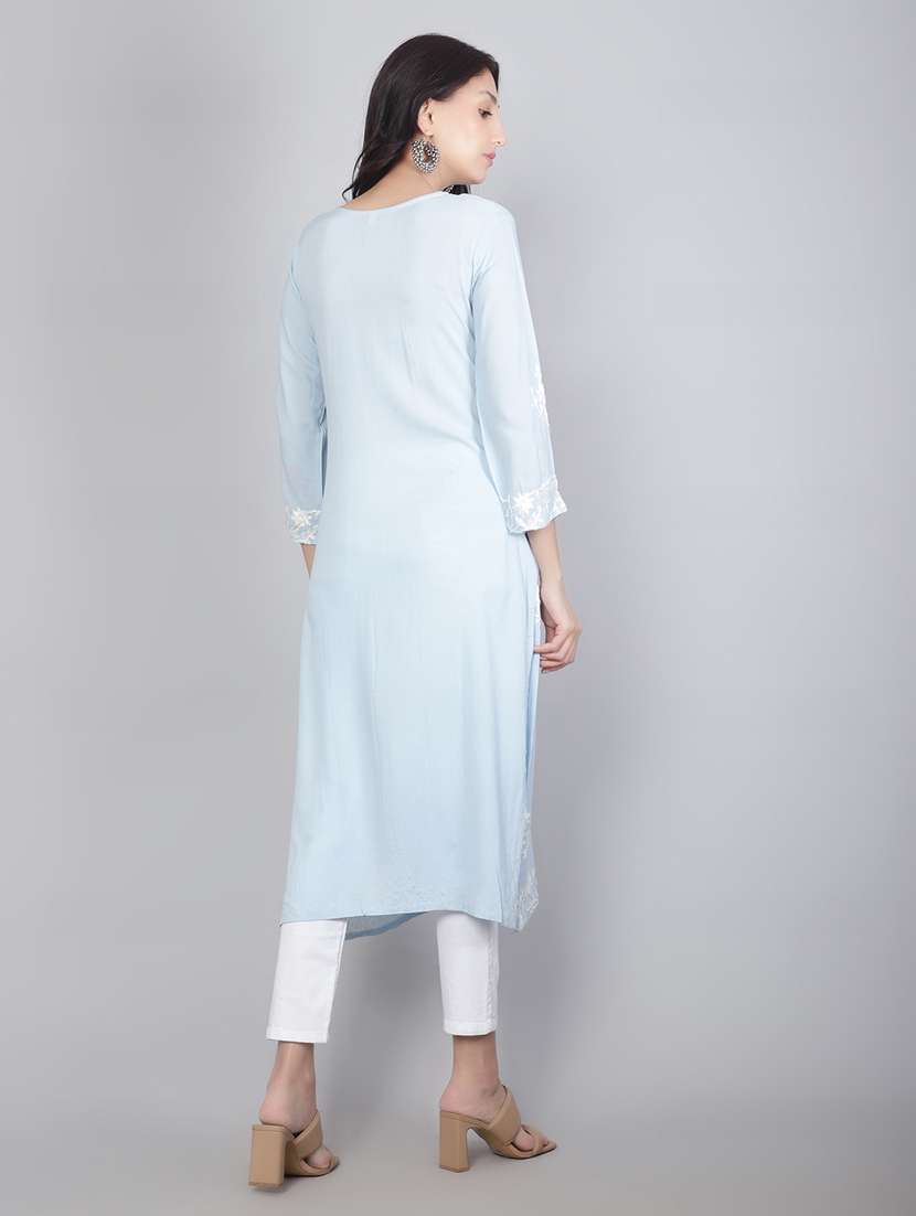 women light blue chikankari work straight kurta - 20239518 -  Standard Image - 2