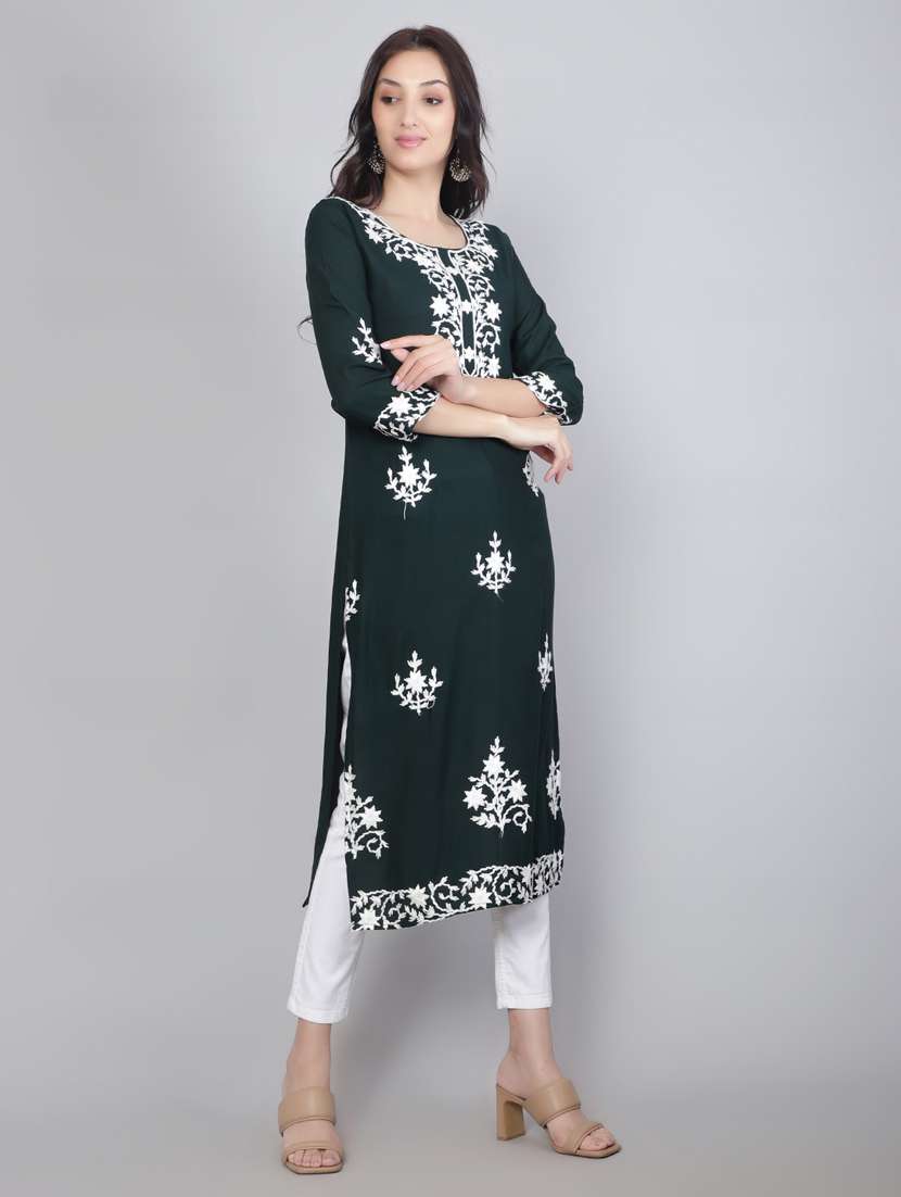 women bottle green chikankari work straight kurta - 20239521 -  Standard Image - 2