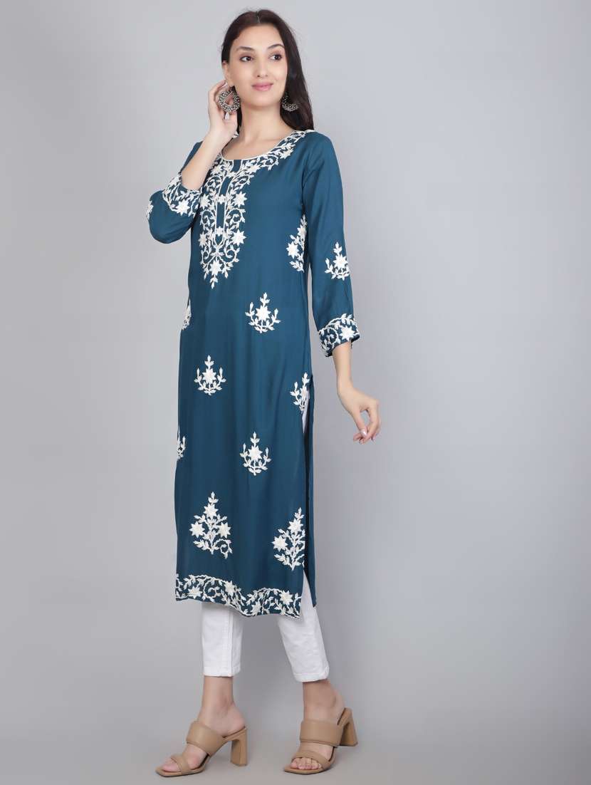 women blue chikankari work straight kurta - 20239522 -  Standard Image - 2