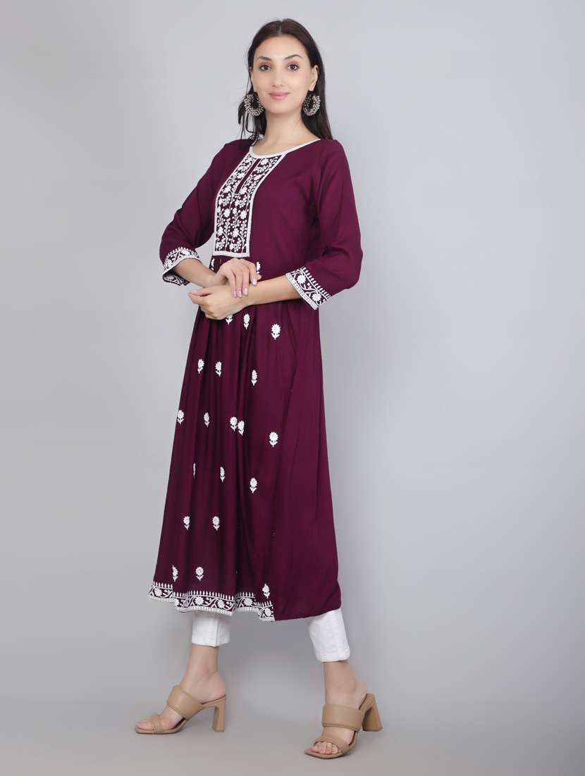 women purple chikankari work flared kurta - 20239523 -  Standard Image - 2