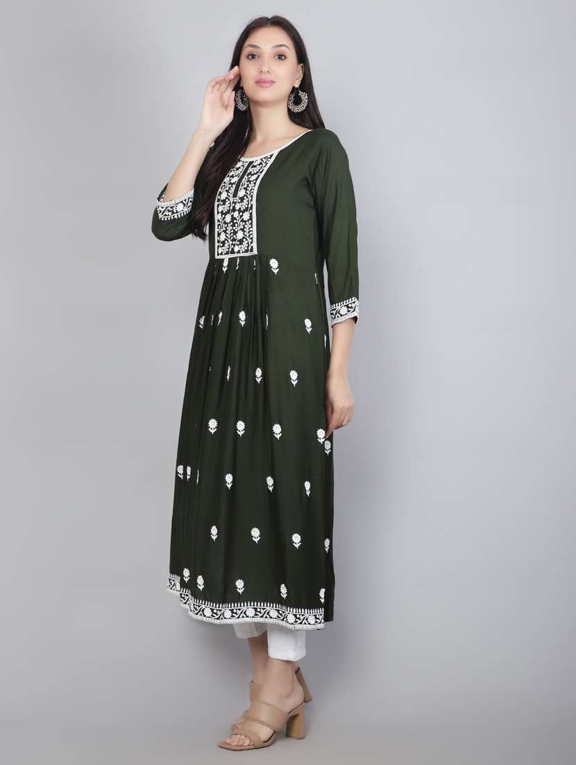 women green chikankari work flared kurta - 20239528 -  Standard Image - 2