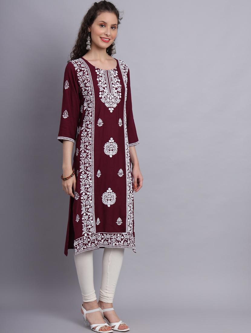 women purple chikankari work straight kurta - 20239529 - Standard Image - 2