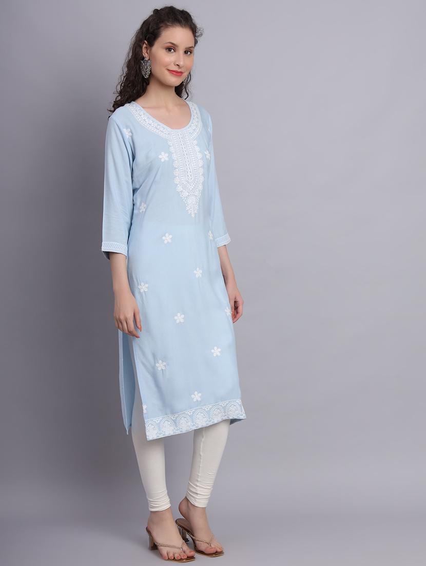 women light blue chikankari work straight kurta - 20239541 - Standard Image - 2